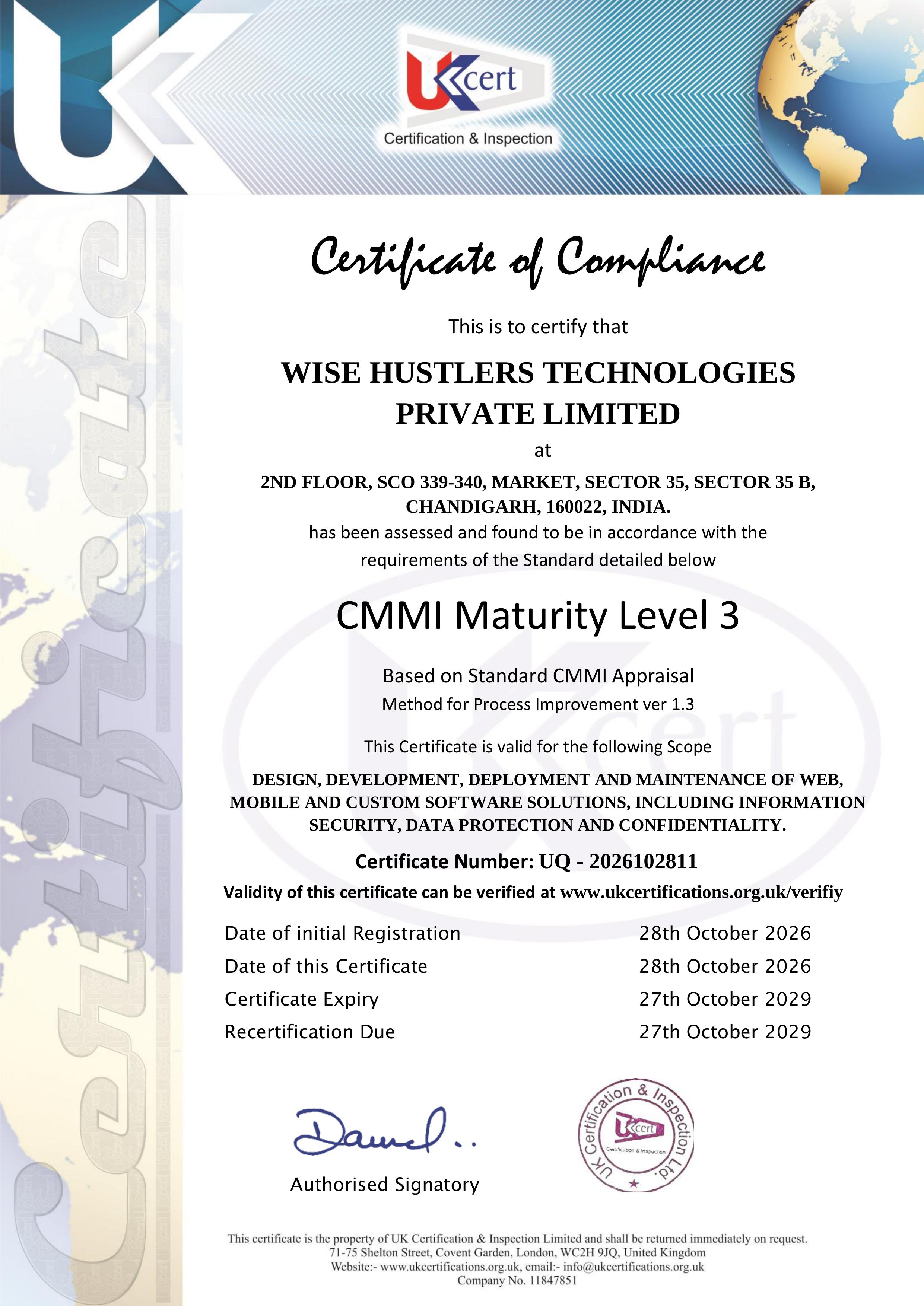 CMMI Maturity Level 3 Official Registration Certificate